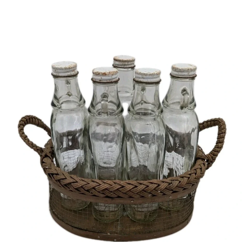 Glass‎ Syrup Bottles 5 CT. Wire Basket Caddy 1950s Mid-Century Farmhouse Set VTG